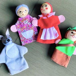 Set/4 Little Red Riding Hood Hand Painted Wood Cloth Finger Puppet Puppets New